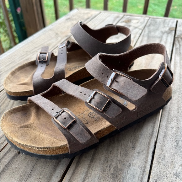 Birkenstock “Birkies” three strap dark brown Sandals Shoes  245 sz L7 M5 - Picture 1 of 5